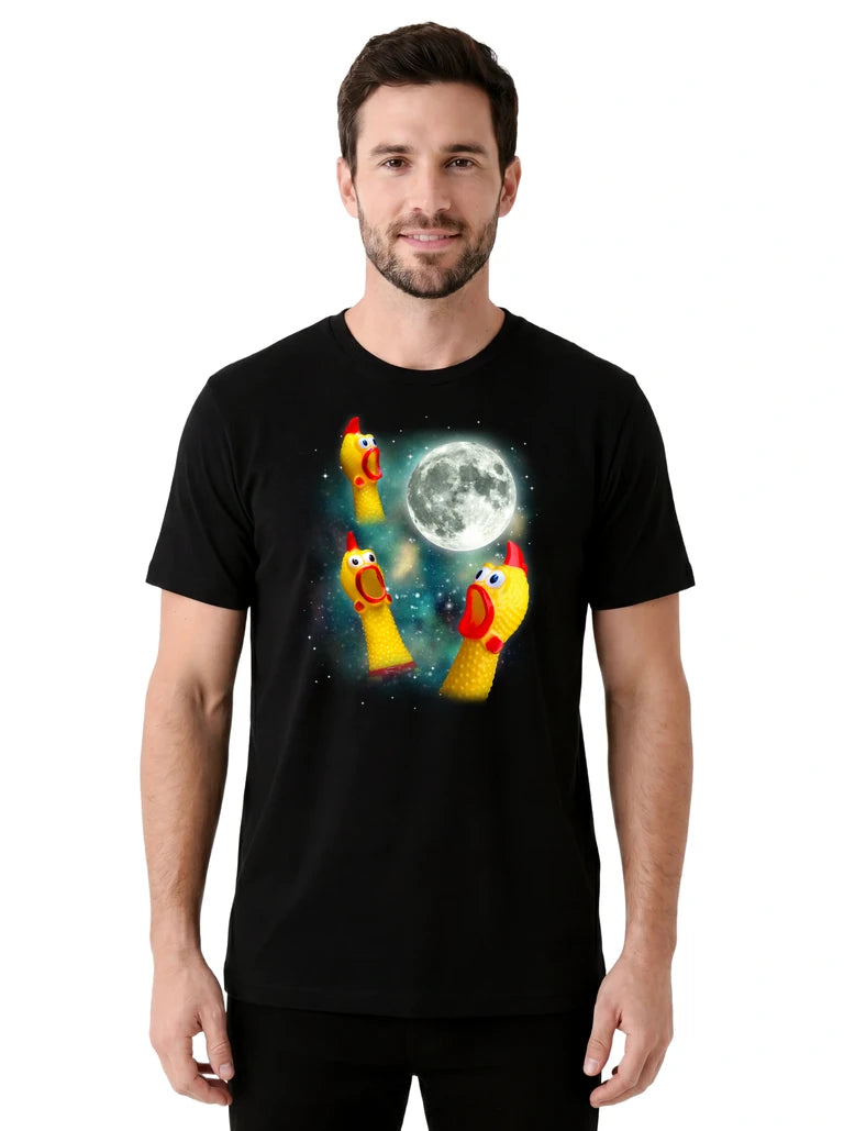 MagicMoon Three Rubber Chicken Moon on model front view, Funny Novelty Shirt, White Elephant Gift