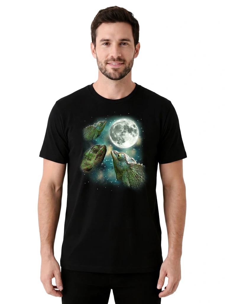 MagicMoon Three Green Chameleon Moon on model front view, Funny Animal Shirt, White Elephant Gift