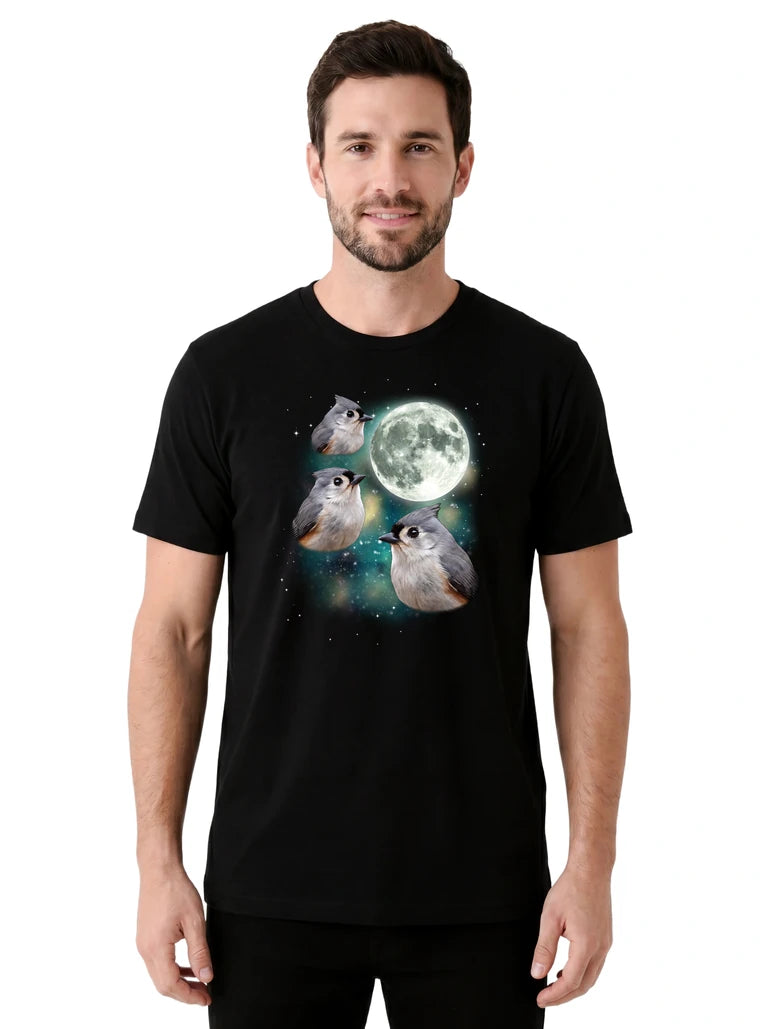 MagicMoon Three Titmouse Moon on model front view, Funny Animal Shirt, White Elephant Gift