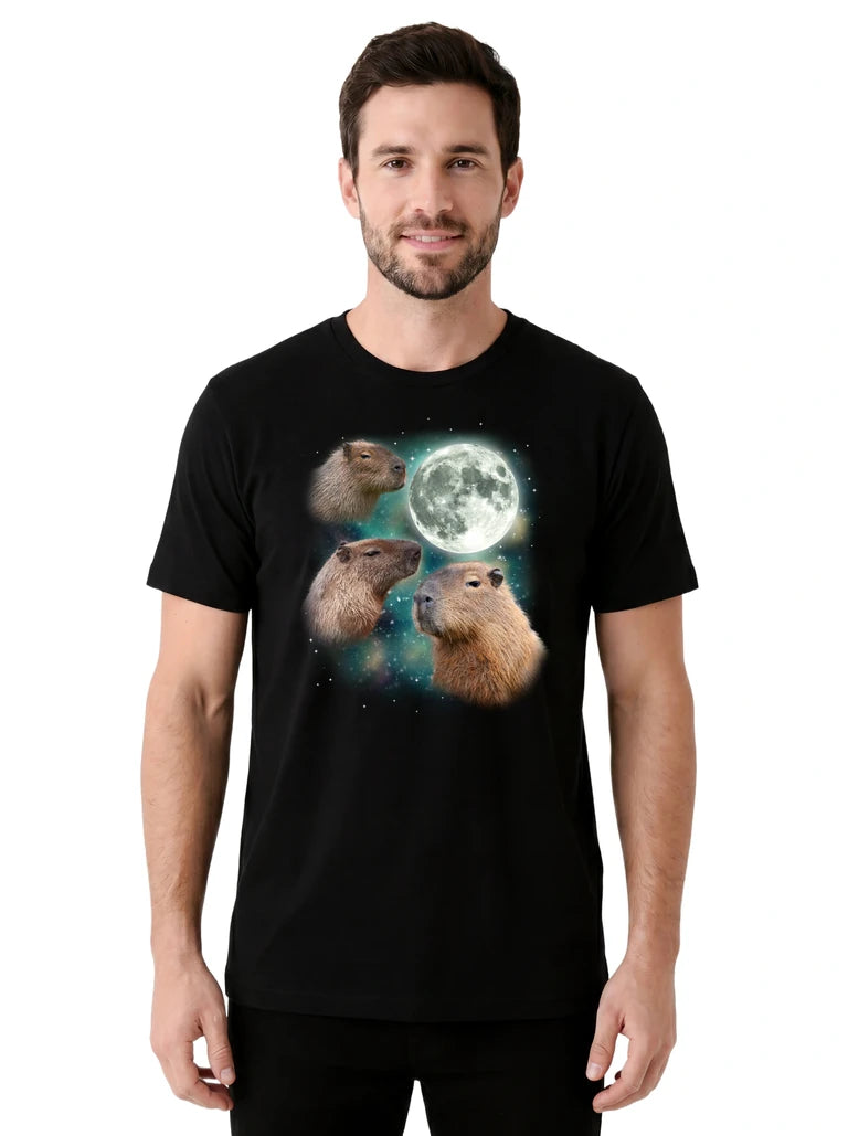 MagicMoon Three Capybara Moon on model front view, Funny Animal Shirt, White Elephant Gift