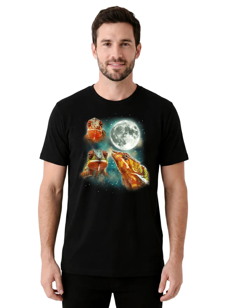 MagicMoon Three Chameleon Moon on model front view, Funny Animal Shirt, White Elephant Gift