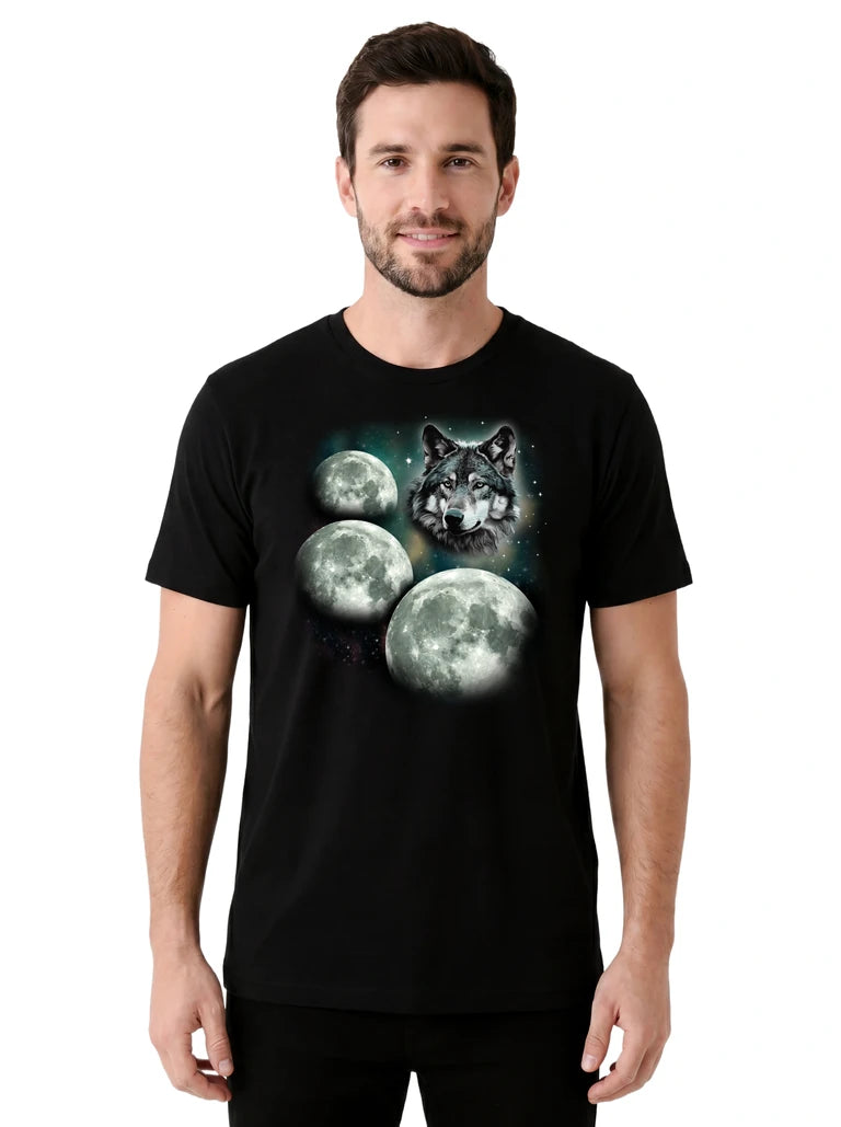 MagicMoon Three Wolf Moon on model front view, Funny Animal Shirt, White Elephant Gift