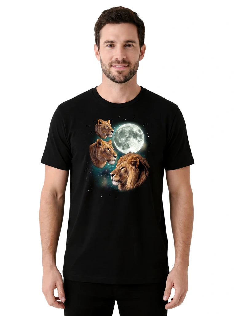 MagicMoon Three Lion Moon on model front view, Funny Animal Shirt, White Elephant Gift