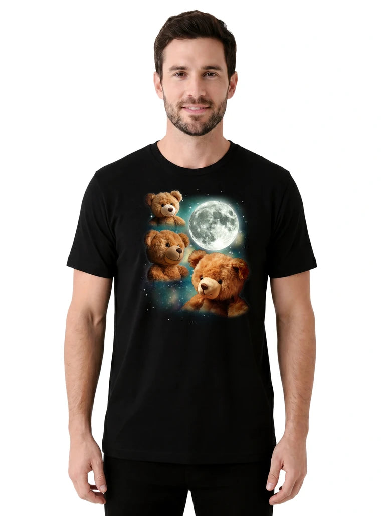 MagicMoon Three Teddy Bear Moon on model front view, Funny Novelty Shirt, White Elephant Gift
