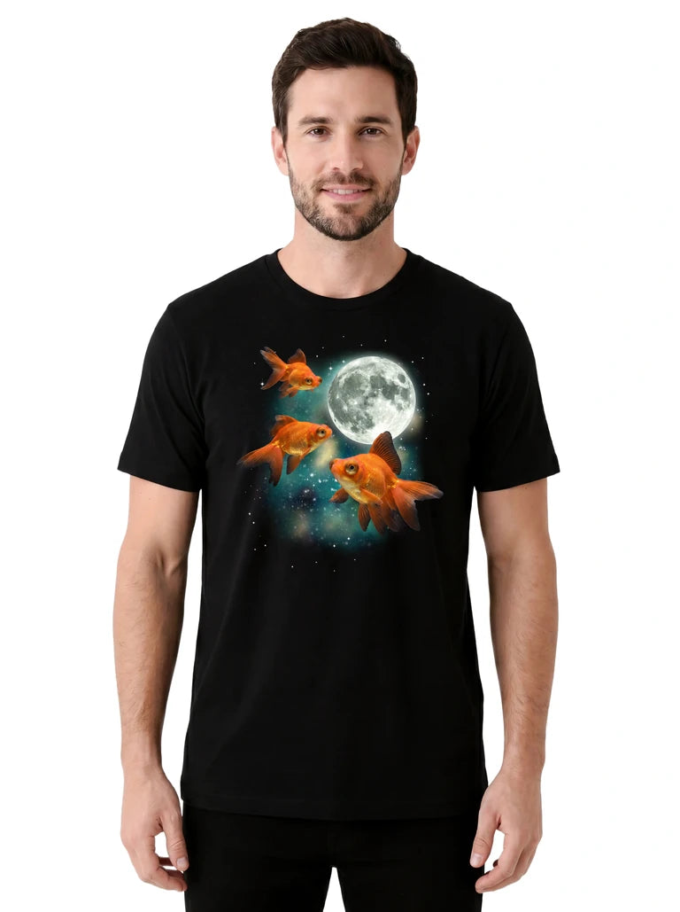 MagicMoon Three Goldfish Moon on model front view, Funny Animal Shirt, White Elephant Gift