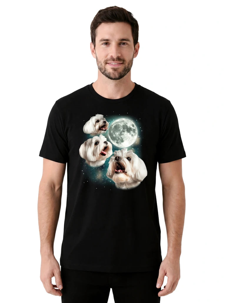 MagicMoon Three Maltese Moon on model front view, Funny Animal Shirt, White Elephant Gift