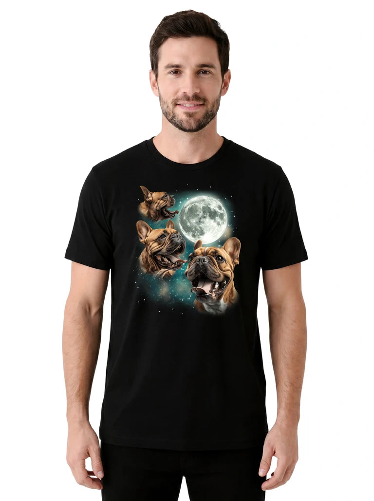 MagicMoon Three French Bulldog Brown Moon on model front view, Funny Animal Shirt, White Elephant Gift