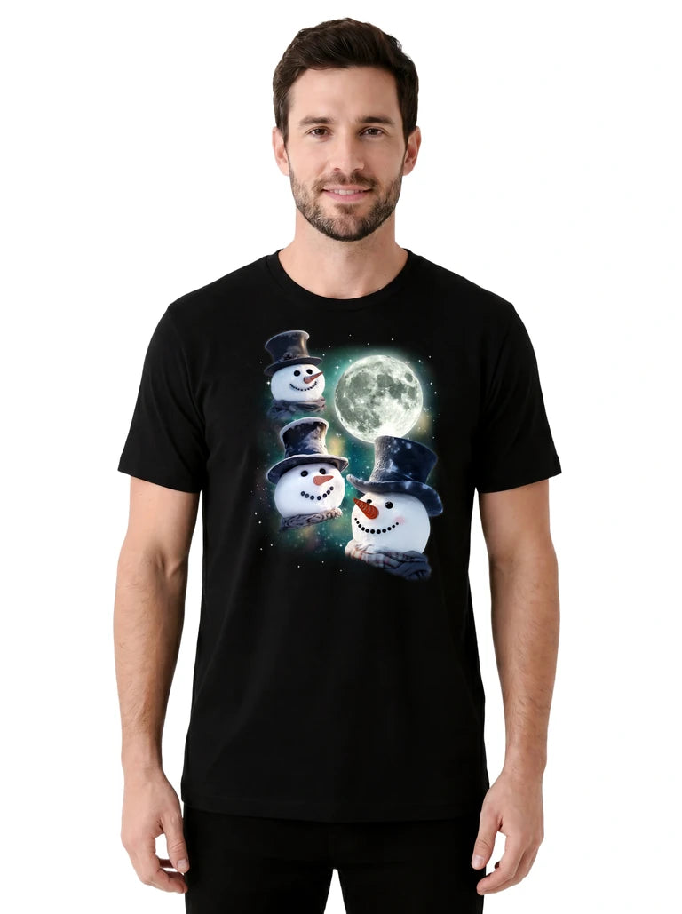 MagicMoon Three Snowman Moon on model front view, Christmas Gift Shirt, White Elephant Gift