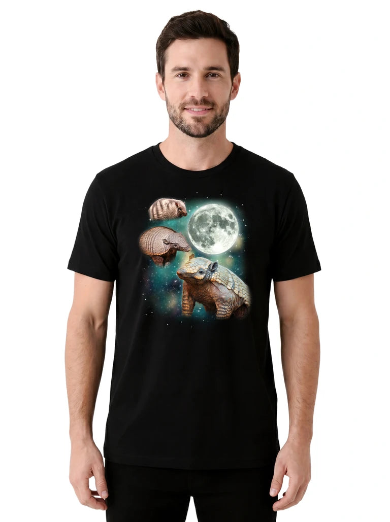 MagicMoon Three Armadillo Moon on model front view, Funny Animal Shirt, White Elephant Gift