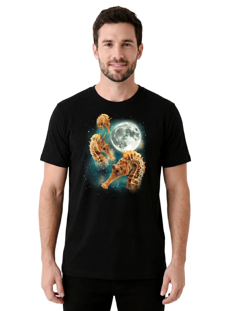 MagicMoon Three Seahorse Moon on model front view, Funny Animal Shirt, White Elephant Gift