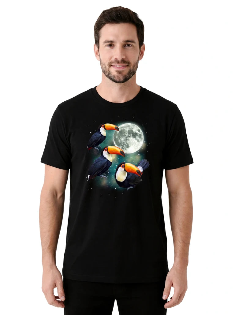 MagicMoon Three Toucan Moon on model front view, Funny Animal Shirt, White Elephant Gift