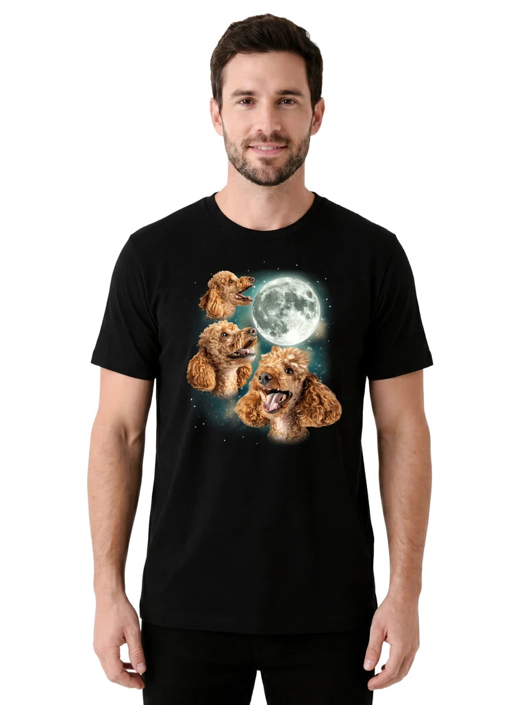 MagicMoon Three Poodle Moon on model front view, Funny Animal Shirt, White Elephant Gift