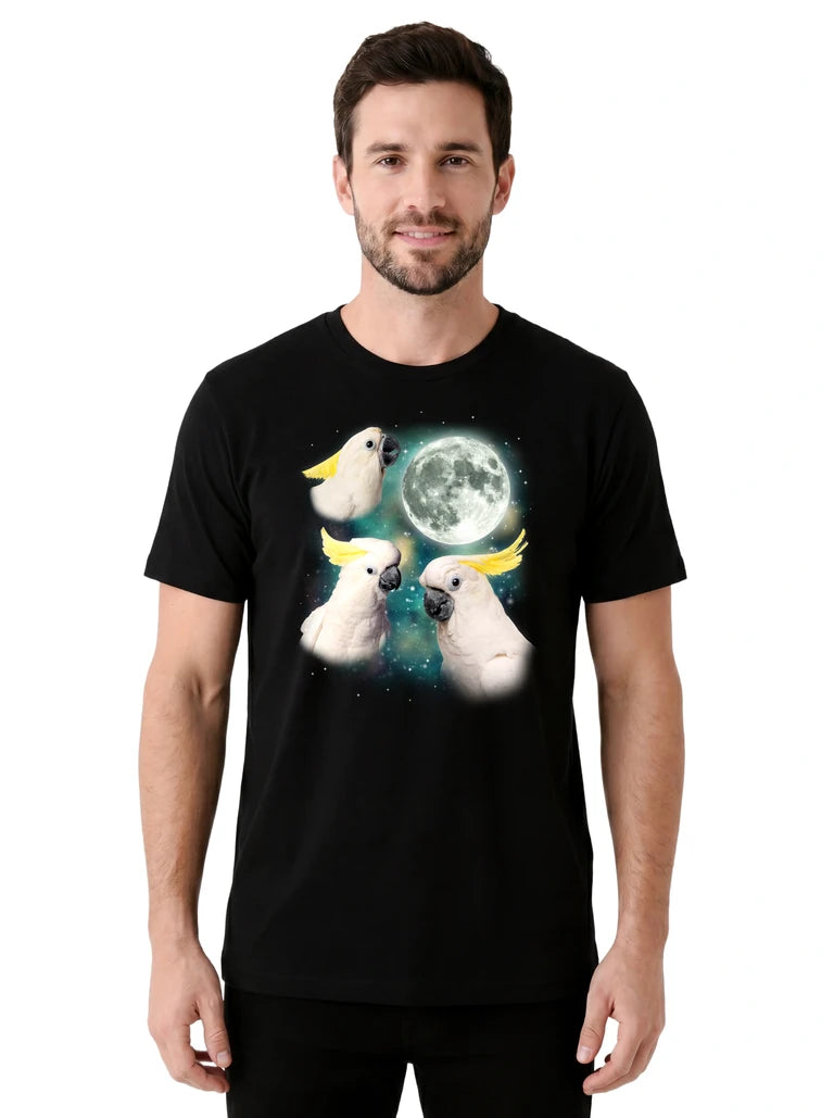 MagicMoon Three Cockatoo Moon on model front view, Funny Animal Shirt, White Elephant Gift