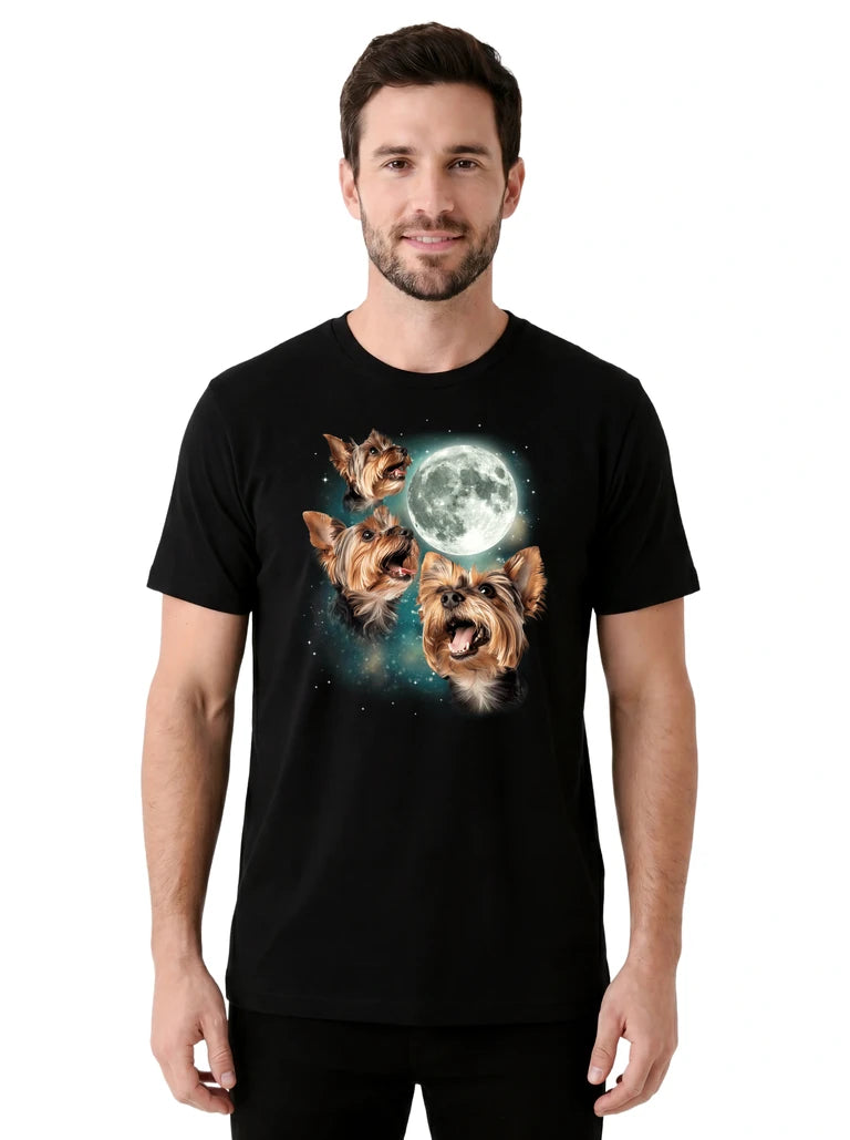 MagicMoon Three Yorkshire Terrier Moon on model front view, Funny Animal Shirt, White Elephant Gift