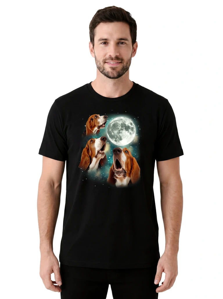 MagicMoon Three Basset Hound 2 Moon on model front view, Funny Animal Shirt, White Elephant Gift