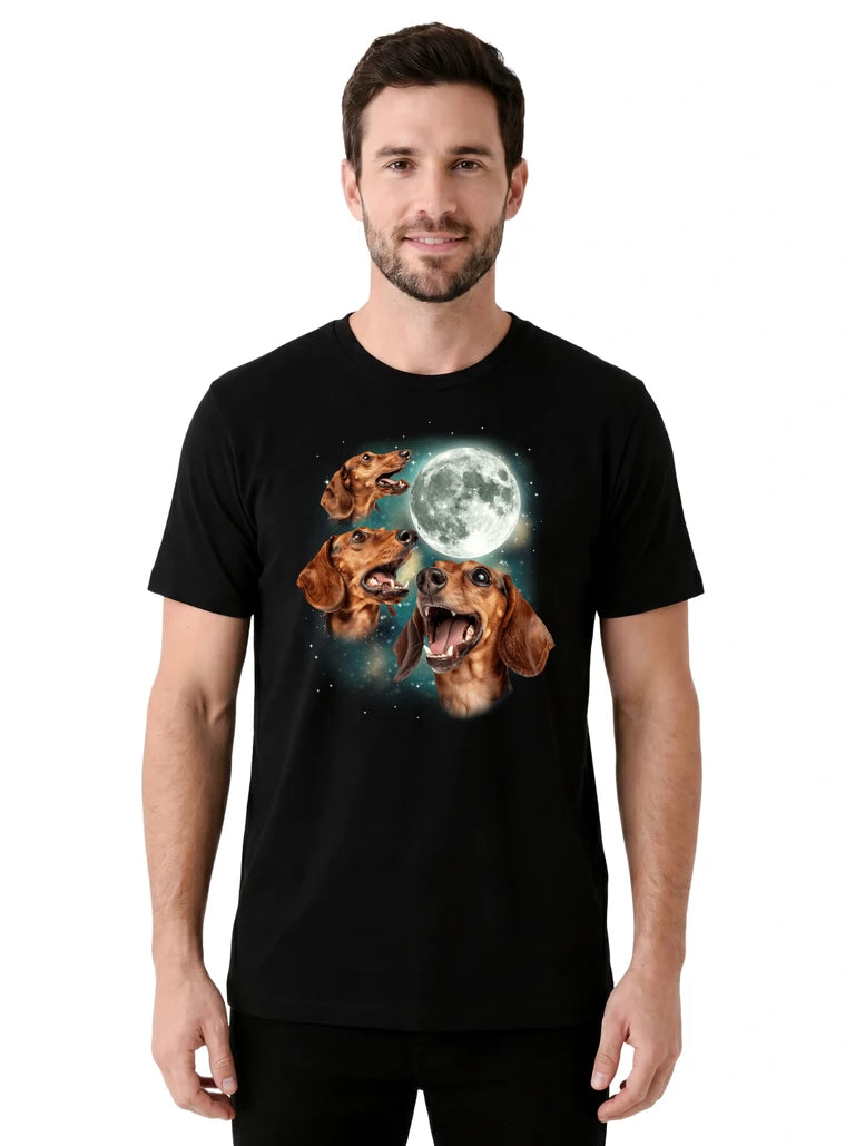 MagicMoon Three Dachshund Moon on model front view, Funny Animal Shirt, White Elephant Gift