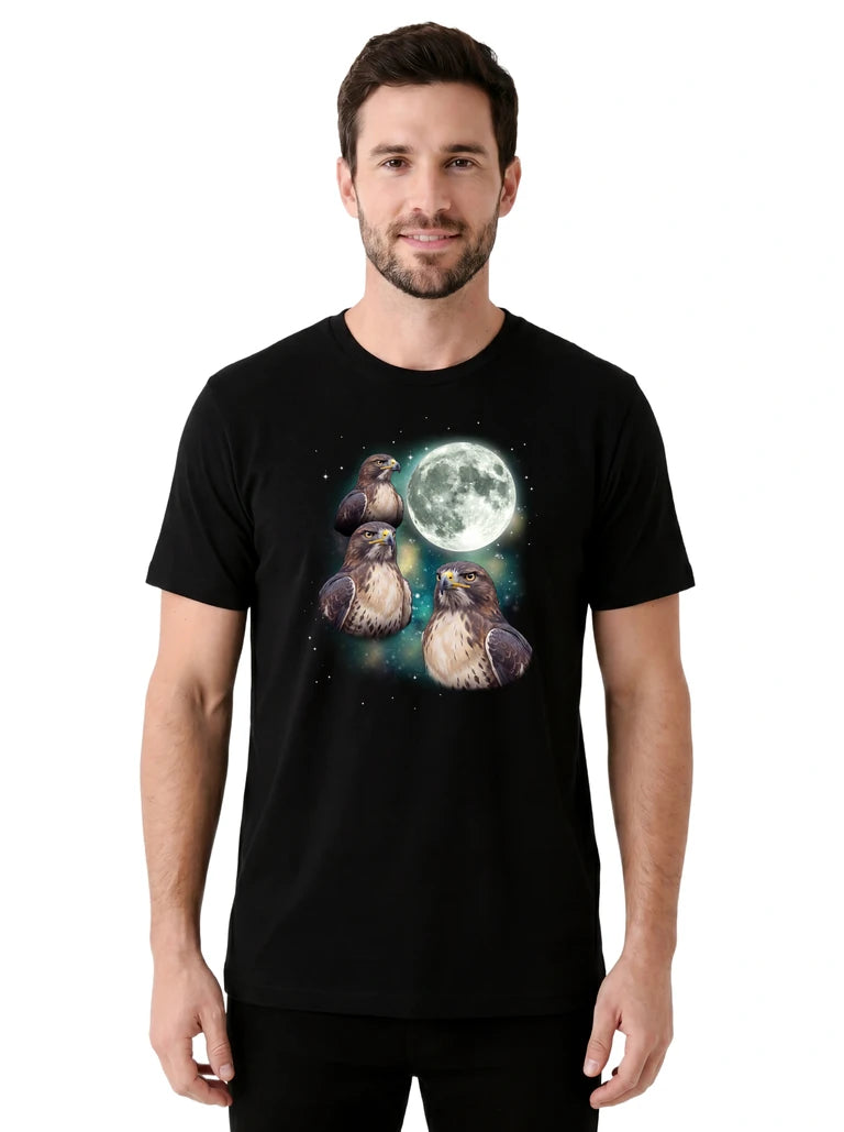 MagicMoon Three Hawk Moon on model front view, Funny Animal Shirt, White Elephant Gift