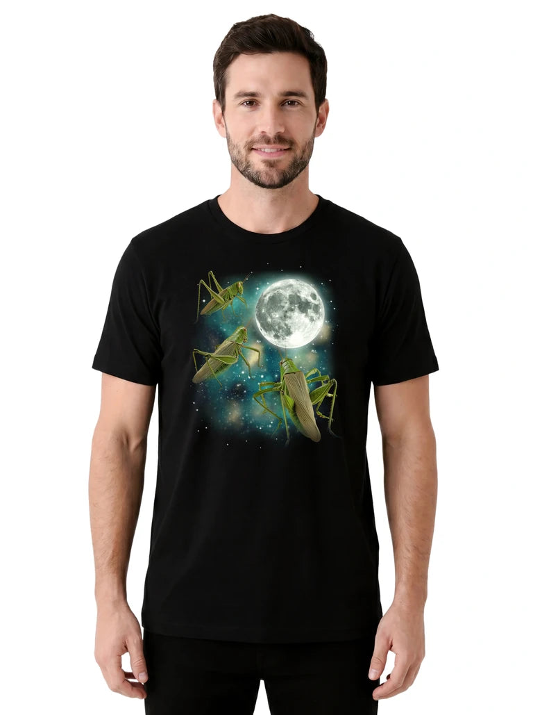 MagicMoon Three Grasshopper Moon on model front view, Funny Animal Shirt, White Elephant Gift