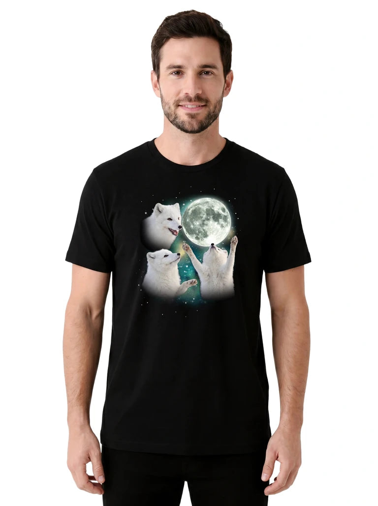 MagicMoon Three Arctic Fox Moon on model front view, Funny Animal Shirt, White Elephant Gift