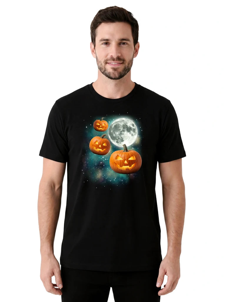 MagicMoon Three Jack-o-Lantern Moon on model front view, Halloween Costume Shirt, White Elephant Gift