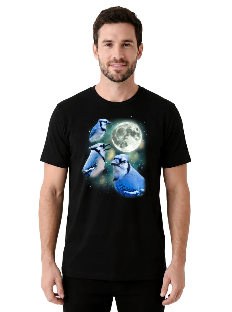 MagicMoon Three Blue Jay Moon on model front view, Funny Animal Shirt, White Elephant Gift