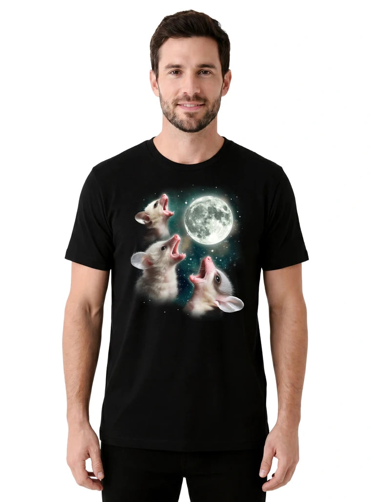 MagicMoon Three Baby Possum Moon on model front view, Funny Animal Shirt, White Elephant Gift