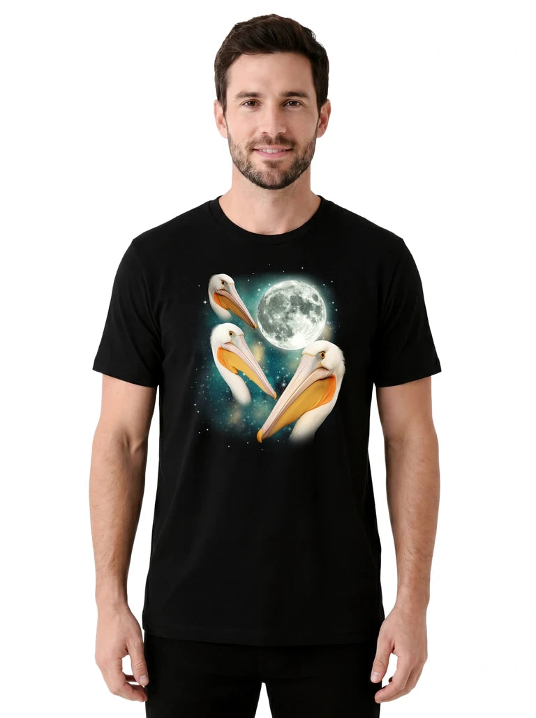 MagicMoon Three Pelican Moon on model front view, Funny Animal Shirt, White Elephant Gift