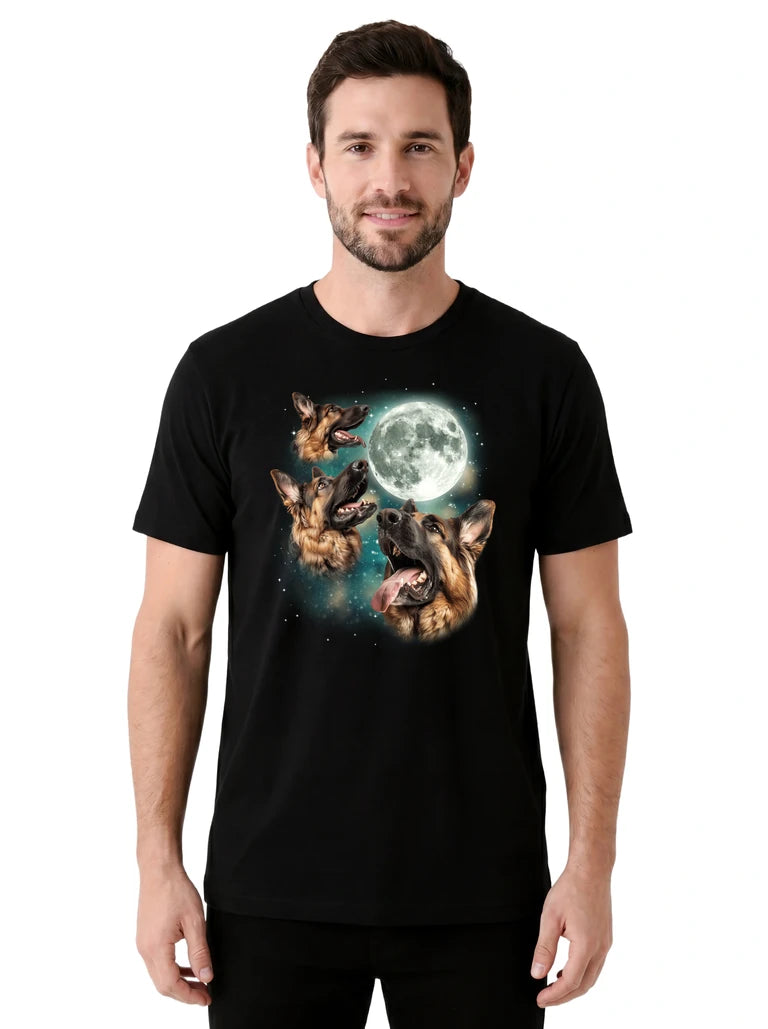 MagicMoon Three German Shepherd Moon on model front view, Funny Animal Shirt, White Elephant Gift