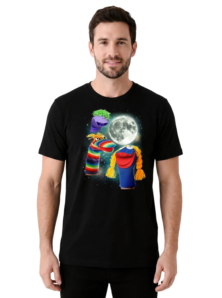 MagicMoon Three Sock Puppet Moon on model front view, Funny Novelty Shirt, White Elephant Gift
