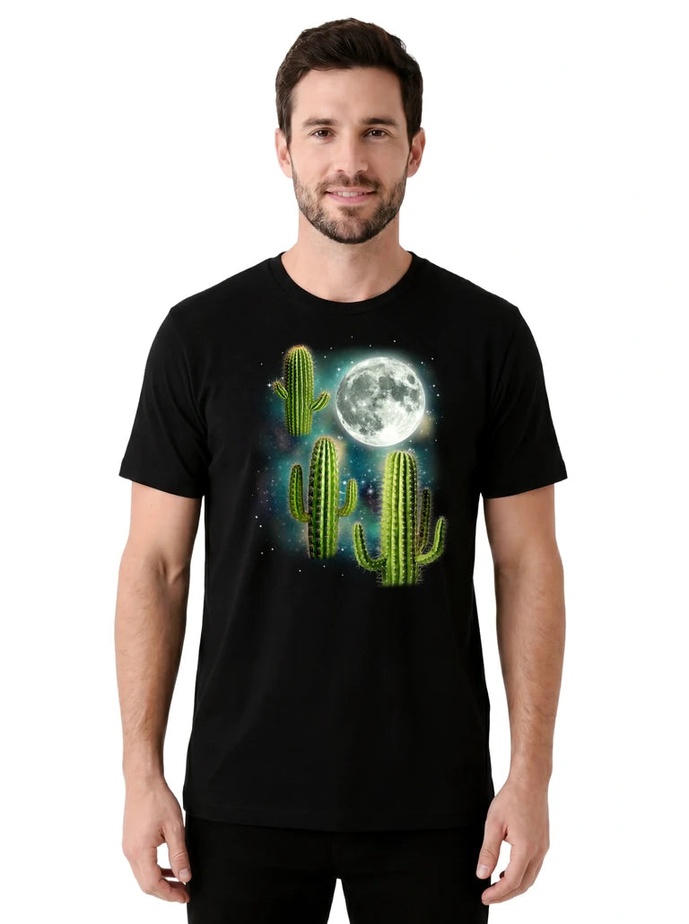 MagicMoon Three Cactus Moon on model front view, Funny Novelty Shirt, White Elephant Gift