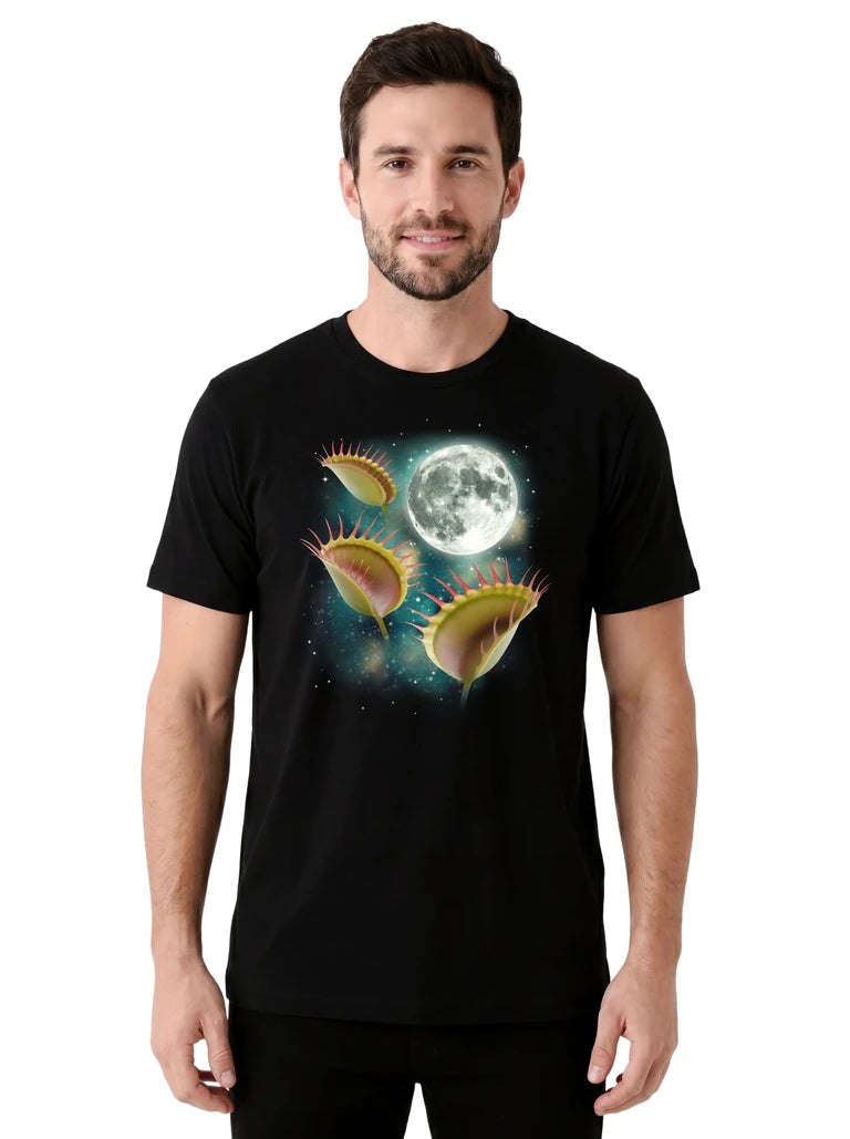 MagicMoon Three Venus Flytrap Moon on model front view, Funny Novelty Shirt, White Elephant Gift