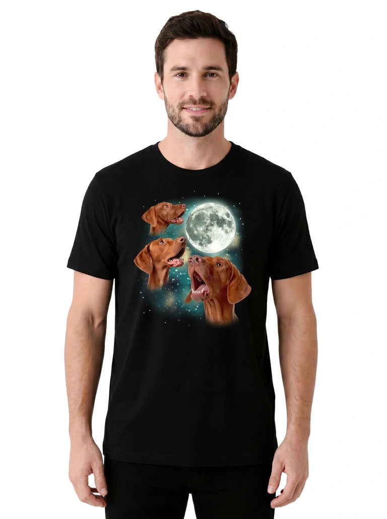 MagicMoon Three Vizsla Moon on model front view, Funny Animal Shirt, White Elephant Gift