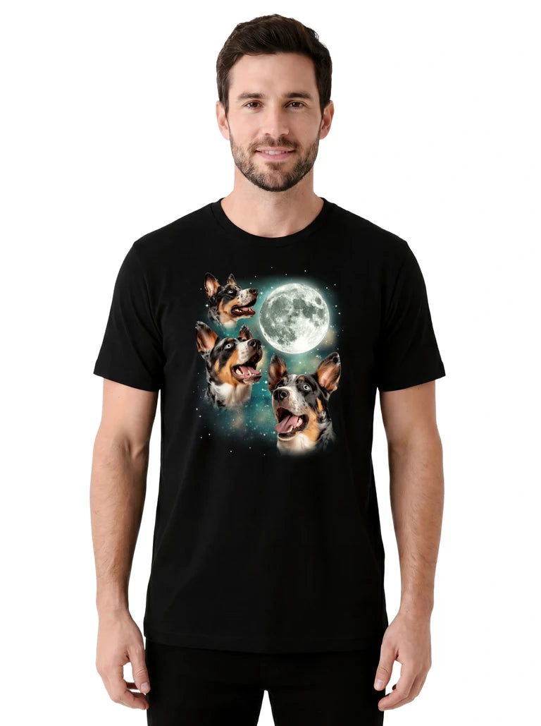 MagicMoon Three Australian Cattle Dog Moon on model front view, Funny Animal Shirt, White Elephant Gift