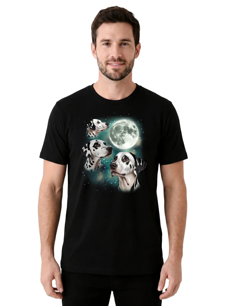 MagicMoon Three Dalmatian Moon on model front view, Funny Animal Shirt, White Elephant Gift