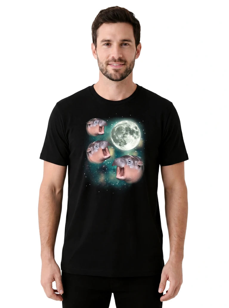 MagicMoon Three Moo Deng Moon on model front view, Funny Animal Shirt, White Elephant Gift