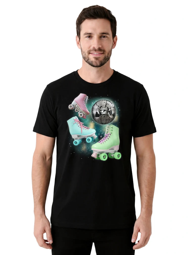 MagicMoon Three Roller Skate Moon on model front view, Funny Novelty Shirt, White Elephant Gift