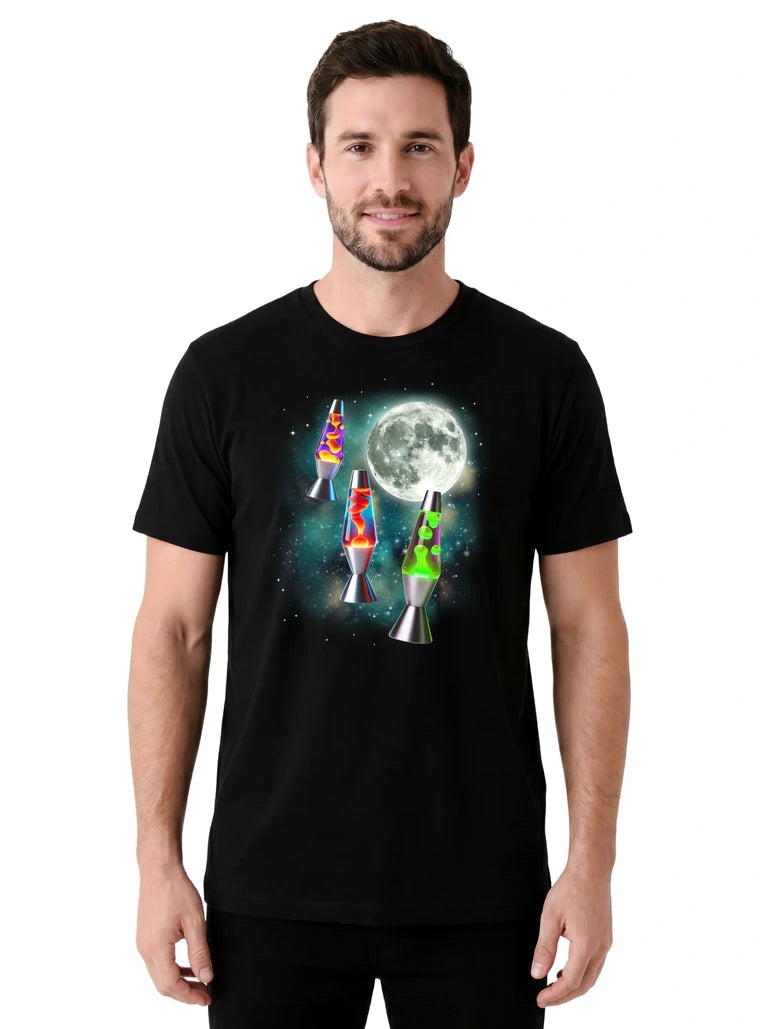 MagicMoon Three Lava Lamps Moon on model front view, Funny Novelty Shirt, White Elephant Gift