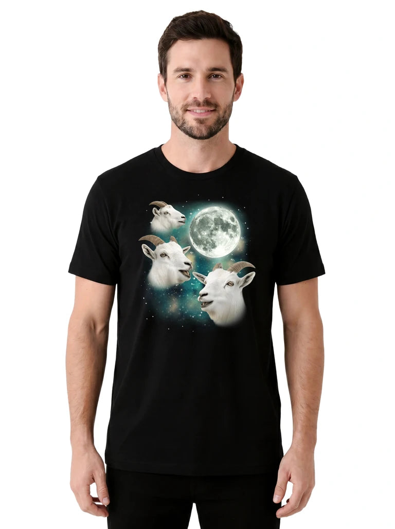 MagicMoon Three Mountain Goat Moon on model front view, Funny Animal Shirt, White Elephant Gift
