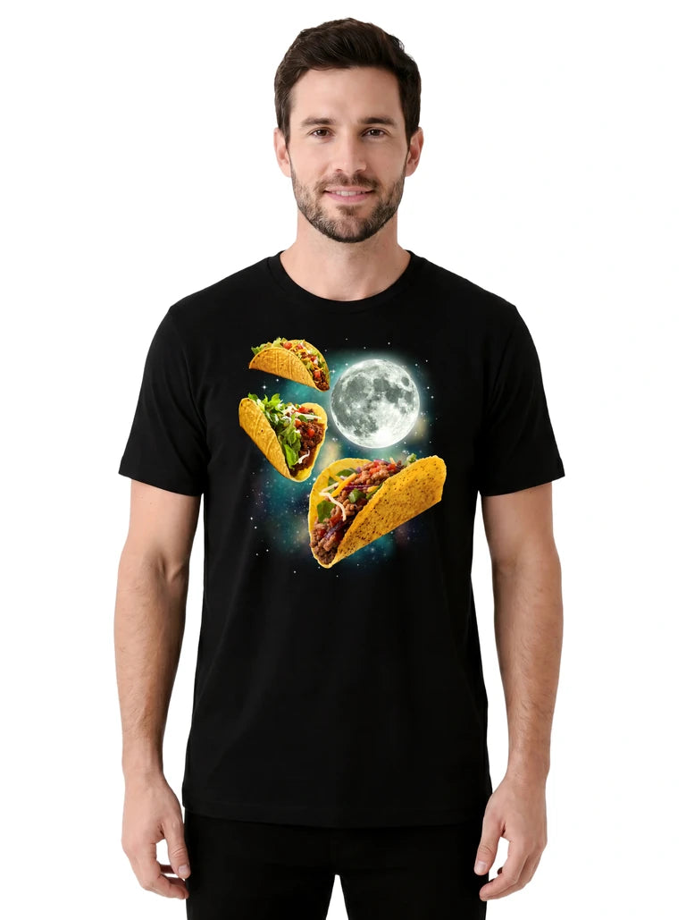 MagicMoon Three Tacos Moon on model front view, Funny Food Shirt, White Elephant Gift