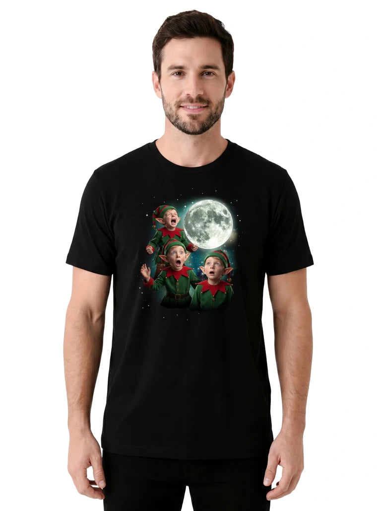 MagicMoon Three Christmas Elf Moon on model front view, Christmas Gift Shirt, White Elephant Gift