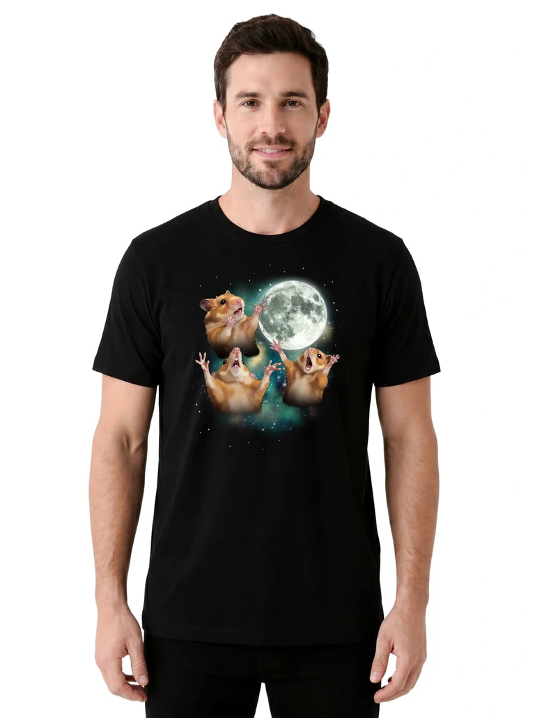 MagicMoon Three Hamster Moon on model front view, Funny Animal Shirt, White Elephant Gift