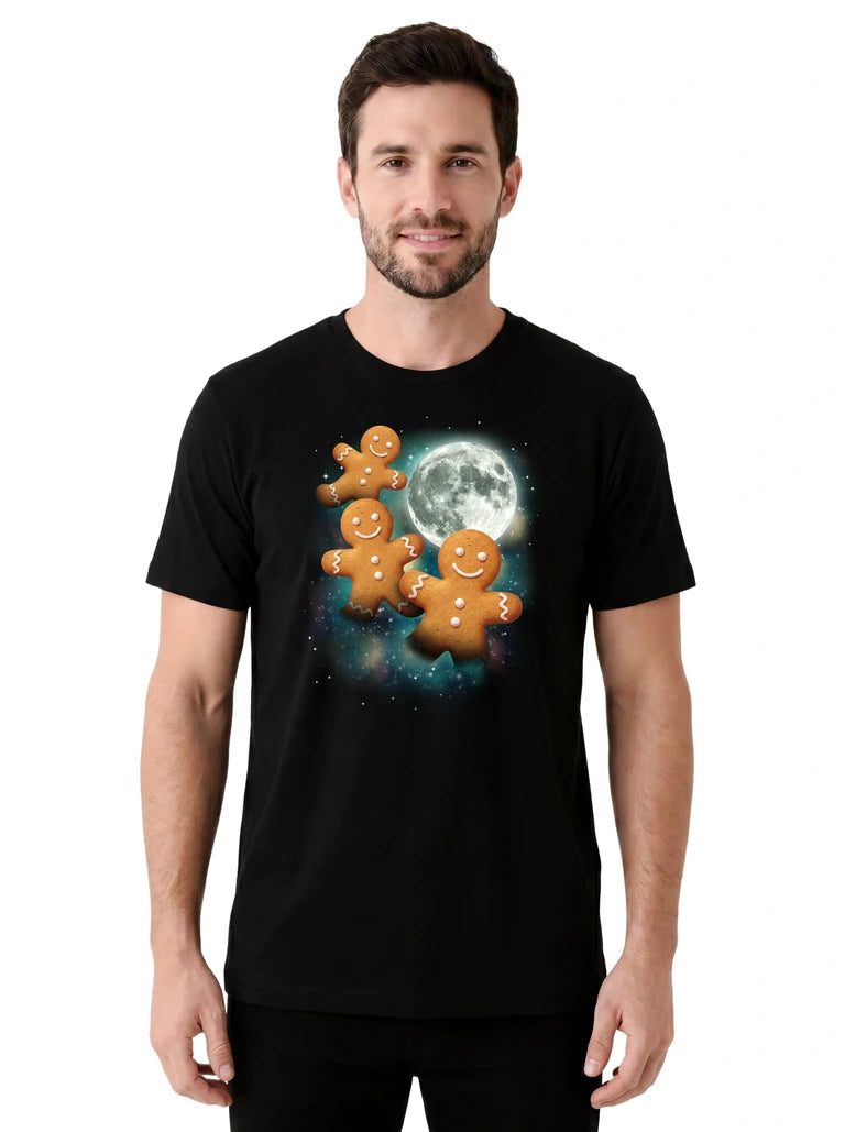 MagicMoon Three Gingerbread Men Moon on model front view, Christmas Gift Shirt, White Elephant Gift