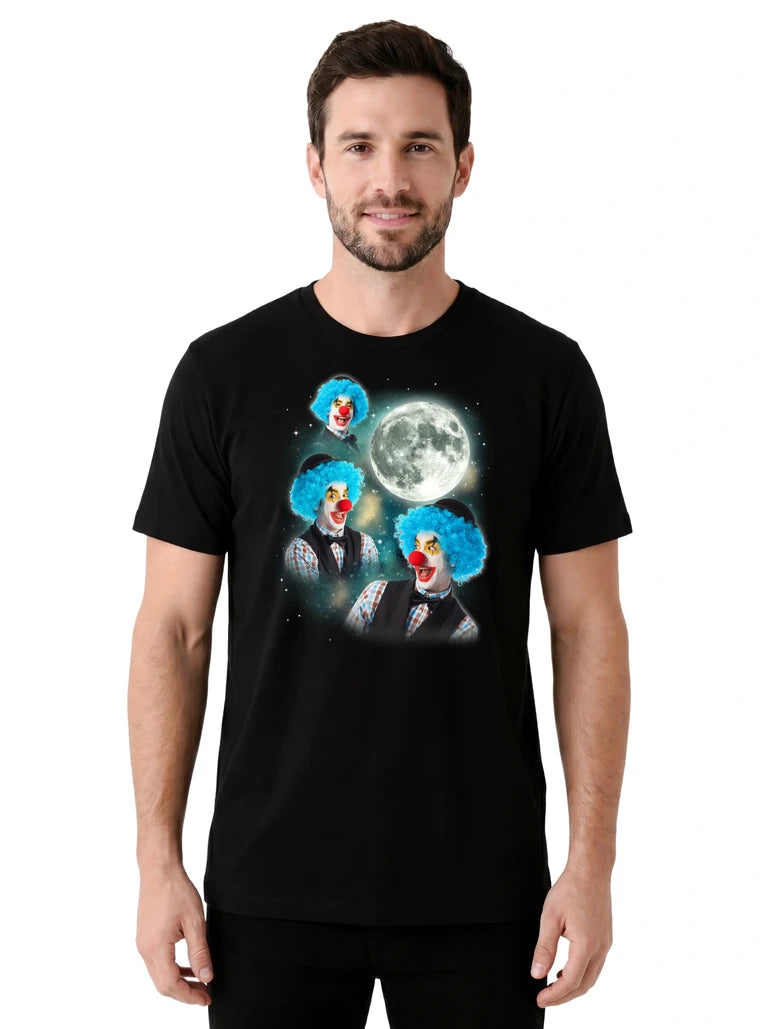 MagicMoon Three Clown Moon on model front view, Halloween Costume Shirt, White Elephant Gift