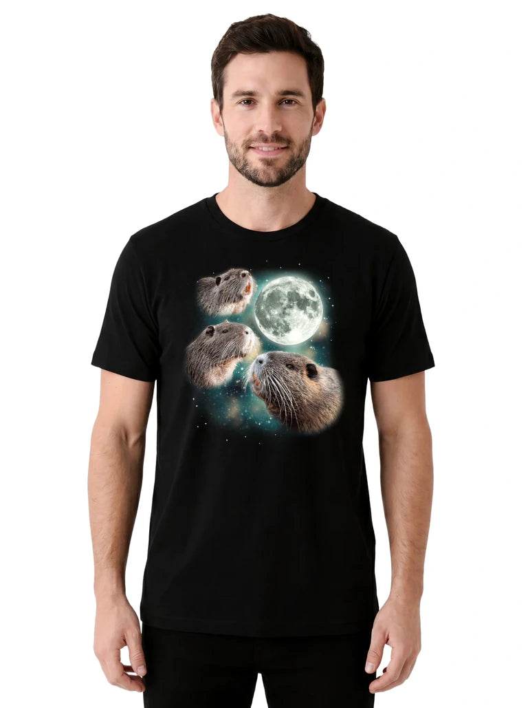 MagicMoon Three Beavers Moon on model front view, Funny Animal Shirt, White Elephant Gift