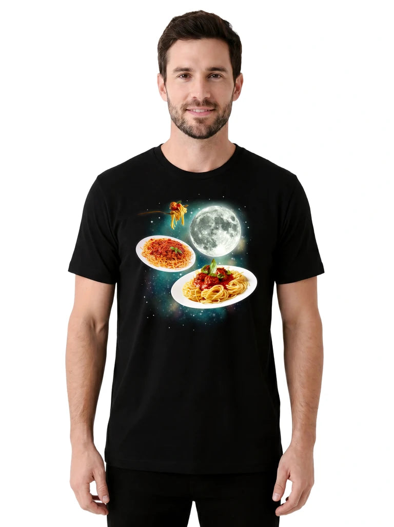 MagicMoon Three Spaghetti Moon on model front view, Funny Food Shirt, White Elephant Gift
