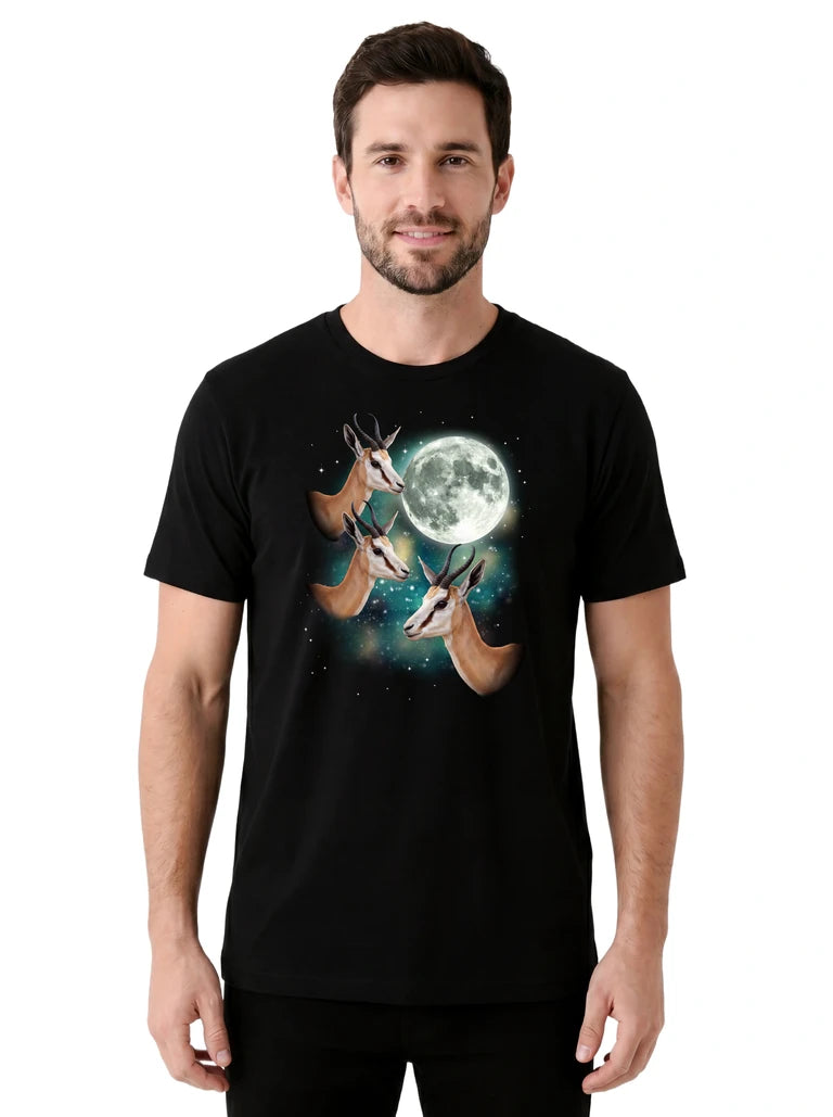 MagicMoon Three Springbok Moon on model front view, Funny Animal Shirt, White Elephant Gift