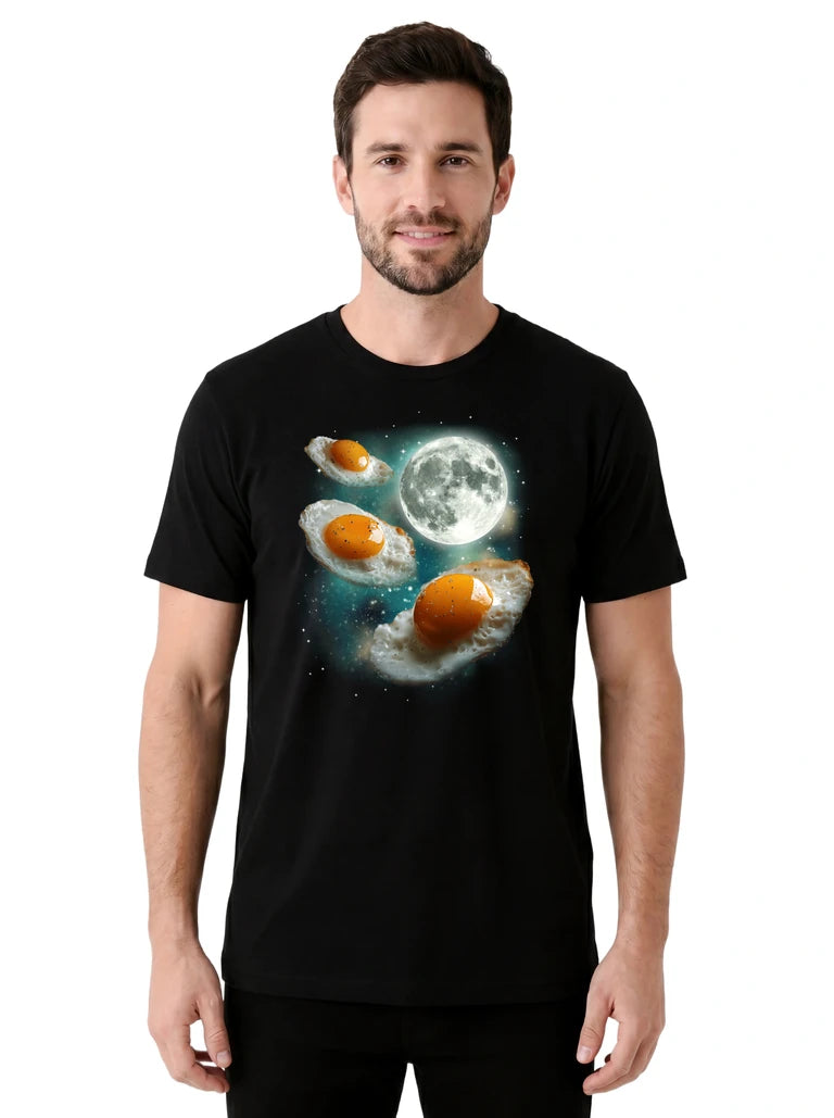 MagicMoon Three Fried Eggs Moon on model front view, Funny Food Shirt, White Elephant Gift
