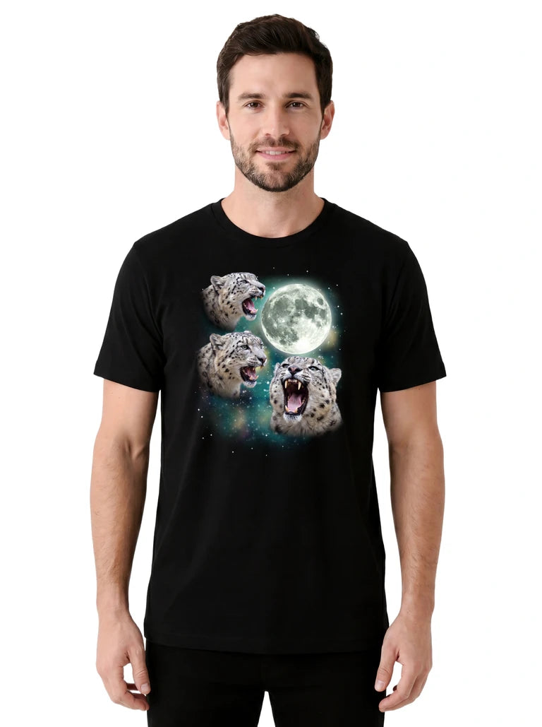 MagicMoon Three Snow Leopard Moon on model front view, Funny Animal Shirt, White Elephant Gift