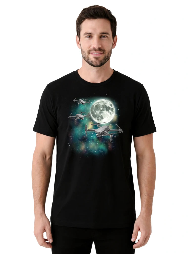 MagicMoon Three Drone Moon on model front view, Funny Novelty Shirt, White Elephant Gift