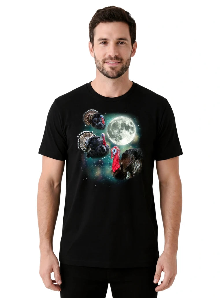 MagicMoon Three Turkey Moon on model front view, Funny Animal Shirt, White Elephant Gift